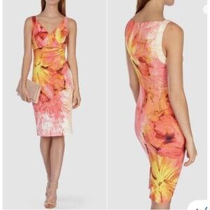 KAREN MILLEN Cocktail Midi Dress SZ 10 Floral Print Signature Stretch Bodycon